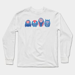 WOO HOO Owls Cute Funny Birds Forest Woodland Nature Wildlife in Blue Red Pink Cream - UnBlink Studio by Jackie Tahara Long Sleeve T-Shirt